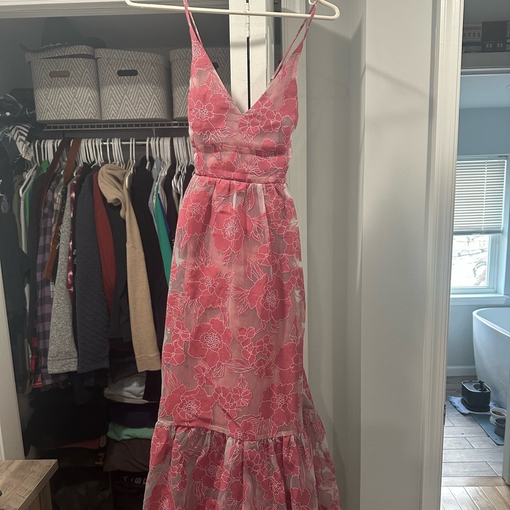Lulu's Pink Floral V-Neck Spaghetti Strap Maxi Dress